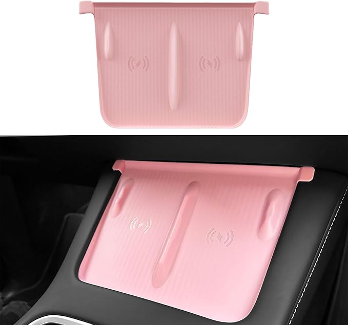 WinDu Center Console Wireless Charging Mat for Tesla Model 3 Model Y, Non-Slip Waterproof Silicone Mat Charging Protective Pad for Tesla Accessories Model 3 (2021-2023) and Model Y (2021-2024), Pink