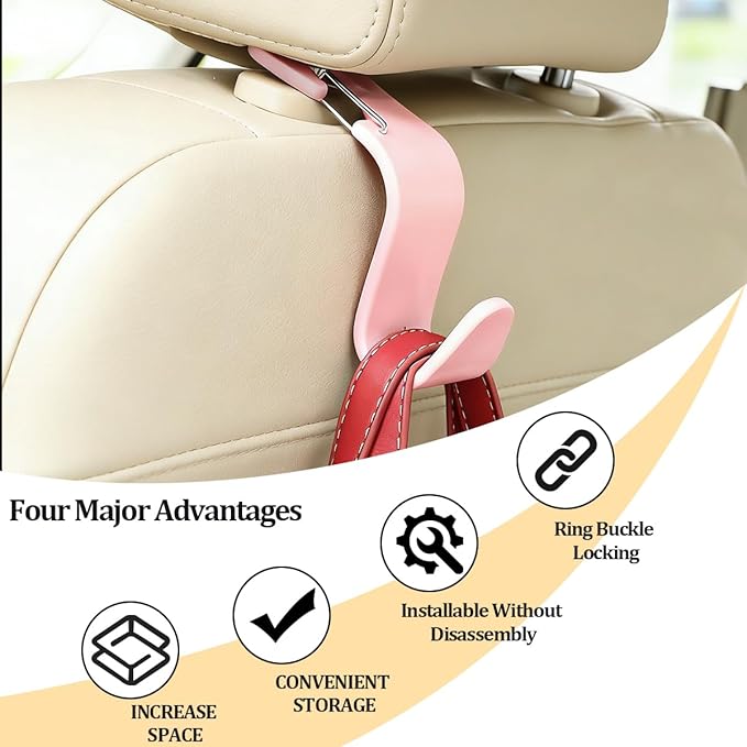 4PCS Car Seat Headrest Hook, Multifunctional Vehicle Seat Back Hanger Holder for Purse Handbag Umbrella, Automotive Interior Backseat Storage Organizer, Universal for SUV Van Truck (Pink)