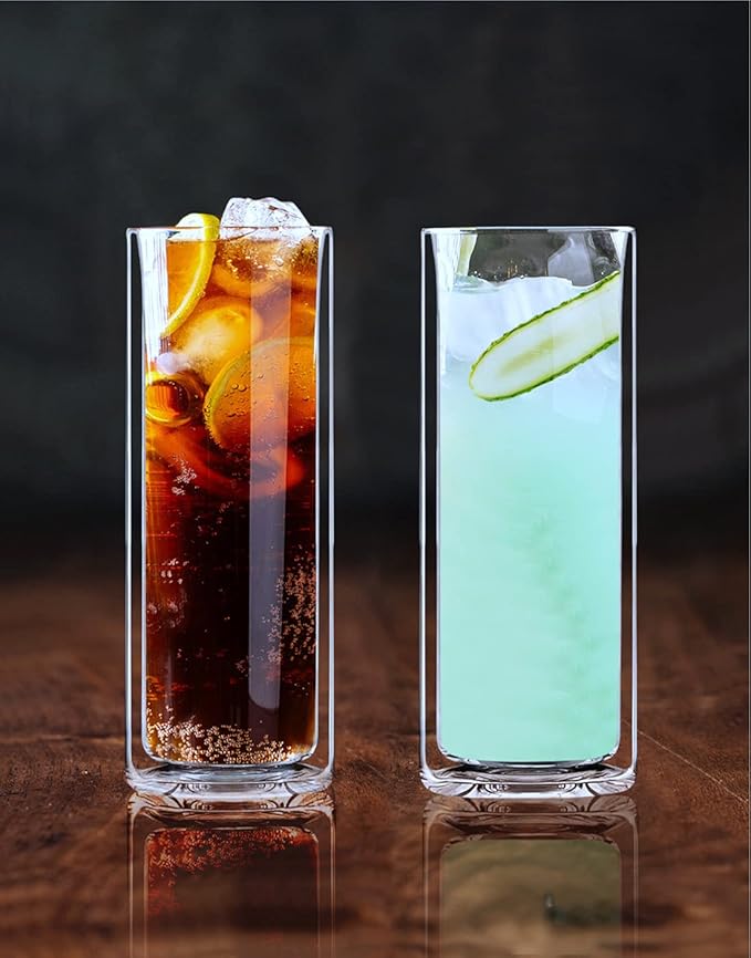 Sun's Tea Tropical Delight - Strong Double Wall Insulated Highball Tall Tom Collins Drinking Glasses for Bourbon or Whiskey or Rum Cocktail, Martini, Champagne, Beer, Mojito, Jiuce - Set of 2 (14 oz)
