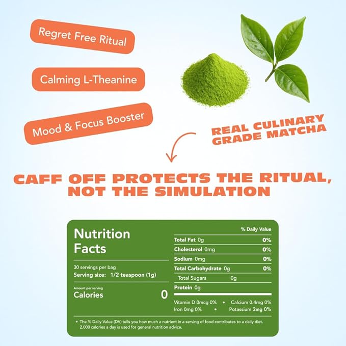 Caff Off Decaf Matcha Green Tea Powder From Japan - 1.06 oz / 30 g - Culinary Grade - Naturally Decaffeinated Using No Chemicals - Tested For Heavy Metals & Pestacides - First Harvest & Shade Grown Caffeine Free Matcha Powder