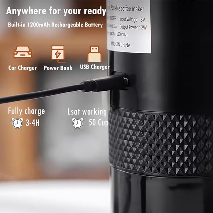 Portable Espresso Machine Type-C Rechargeable Coffee Machine Mini Electric Powder Capsule Coffee Maker 15 Bar Pressure Suitable for Capsule & Coffee Powder for Camping, Travel, Outdoor, RV