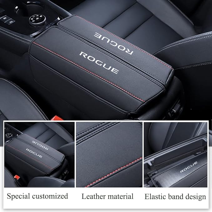 XITER 1PC Leather Center Console Armrest Cover with Side Pockets for Nissan Rogue 2021 2022 2023 2024 2025 2026 Accessories(Red Stitches)