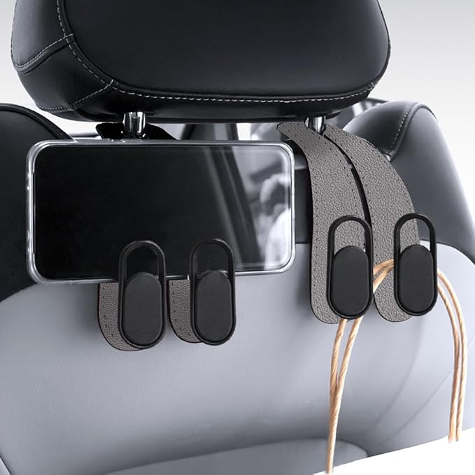 2PCS Car Seat Headrest Hook, Leather Dual Hook Vehicle Seat Back Storage Organizer for Purse Handbag Umbrella, Auto Backseat Groceries Hanger Holder, Universal for Truck SUV Sedan (Gray)