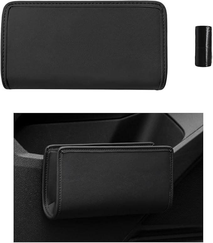 Car Trash Can, Leather Foldable Hanging Trash Bag, Multi-Function Mini Storage Box Garbage Can for Car Back Seats and Side Door, Black