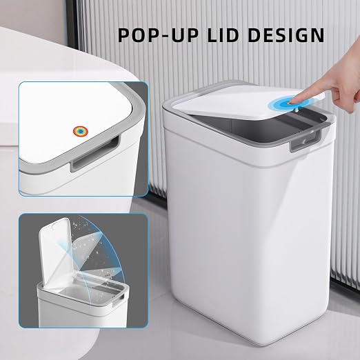 MOPALL 2 Pack Bathroom Trash Can with Lid, 3.6Gal + 2.5Gal Small Garbage Can Set with Pop-Up Lid, Slim Trash Bin Waste Basket for Toilet, Office, Bedroom, Living Room (White)