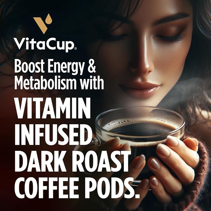 VitaCup Energy Dark Roast Coffee Pods, Boost Focus & Metabolism, Antioxidants, B Vitamins, Bold & Smooth,100% Arabica Coffee, Single Serve Pod Compatible with Keurig K-Cup Brewers,64 Ct