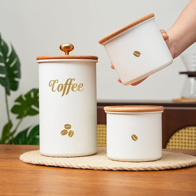 Coffee Canister, 3 pack 2 lb/12 oz/12 oz Large Airtight Coffee Bean Storage Container, Café Grounds Container, Cafe Jar Cafe Holder, Food Storage Container for Flour, Sugar, Tea (White)