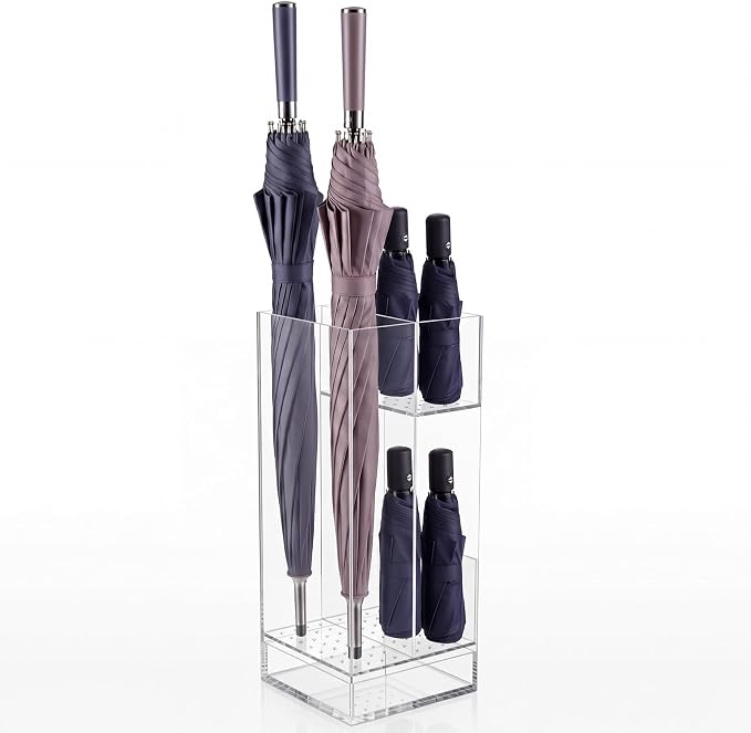 Leinuosen 9 x 9 x 22 Inch Clear Acrylic Umbrella Stand Organizer, Thick Freestanding Entryway Umbrella Holder with Long and Short Compartments, Modern Storage Rack for Home, Office and Lobby