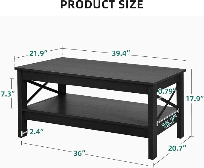 YITAHOME Coffee Table for Living Room, Modern Farmhouse Coffee Table with Storage, 2-Tier Center Table Wood Living Room Table Accent Cocktail with Sturdy Frame, Black