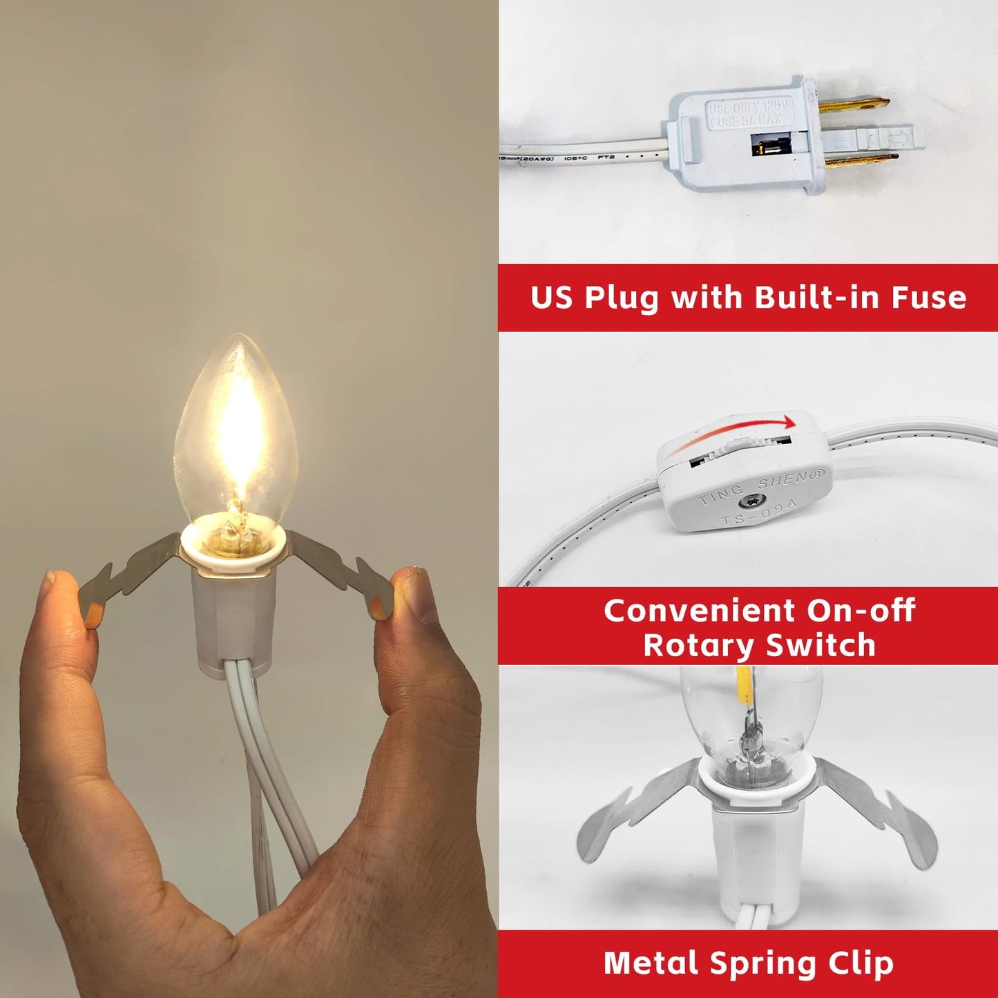 NEWKAZ 6-Bulb Light Cord for Christmas Village, C7 LED, White, Model e6fd2536-5358-445c-bfc8-082709979816