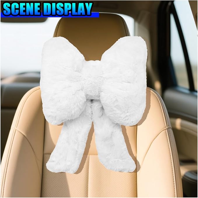 Bow Car Headrest Pillow, Plush Soft Comfortable Warm Car Neck Pillow with Adjustable Strap, Universal Breathable Ergonomic Vehicle Interior Neck Support Cushion for Fatigue Relief(White)