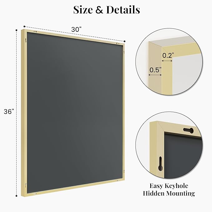 30"x36" Gold Bathroom Mirror for Wall, Metal Framed Vanity Mirror, Large Rectangular Mirror Over Sink, Mid-Century Modern Decor, Flush Mount