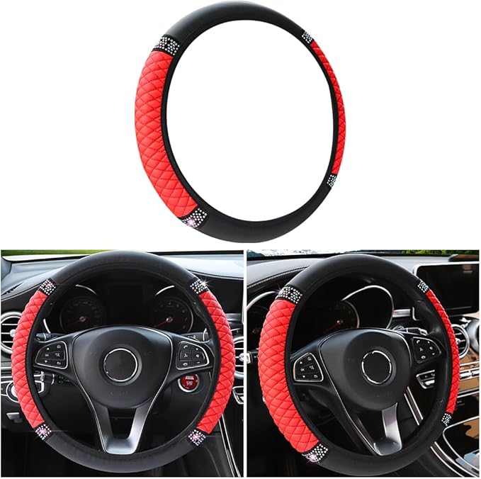 Bling Soft Leather Steering Wheel Cover, 15 Inch Colorful Rhinestones Auto Elastic Steering Wheel Protector, Sparkly Crystal Diamond for Women Girls, Car Accessories for Most Cars (Red)