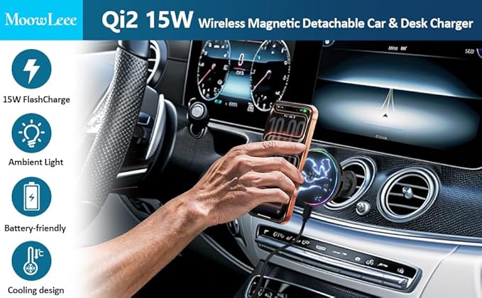 S32 15W Wireless Magnetic Detachable Car - MagSafe Compatible, 3-Second Peltier Cooling, Fast Charging for iPhone 17/16/15 Pro Max, Galaxy S25 (Black)