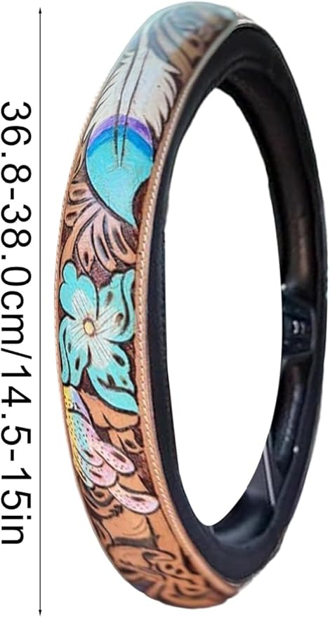 Western Steering Wheel Cover 14.5–15" – Retro Tooled Leather Pattern, Universal Anti-Slip Car Accessories for Trucks SUVs Cars, Boho Cowgirl/Cowboy Gift (B)