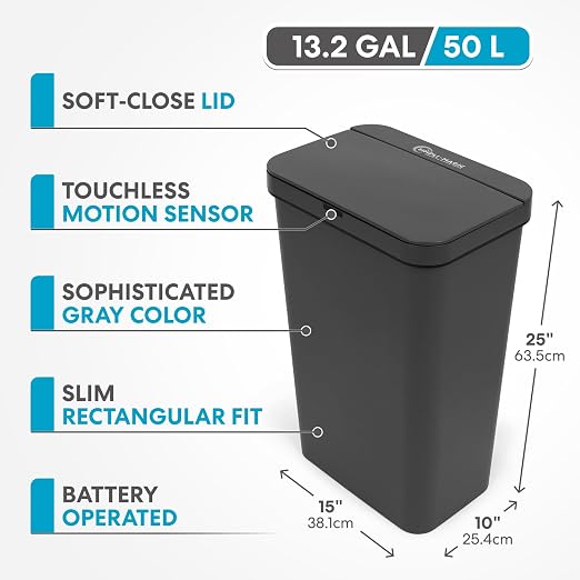 SIMPLI-Magic 13.2 Gallon / 50 Liter Rectangle Kitchen Sensor Trash Can, Touchless Automatic Kitchen Garbage Bin with Soft-Close Lid, Gray