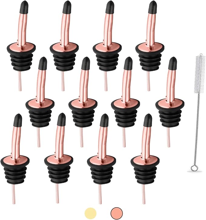 WAFJAMF 12 Pcs Liquor Pour Spouts Set, Stainless Steel Liquor Bottle Pourers with Rubber Dust Caps, for Pours Liquid, Olive Oil, Wine, Vinegar (Rose Gold-12 Pack)