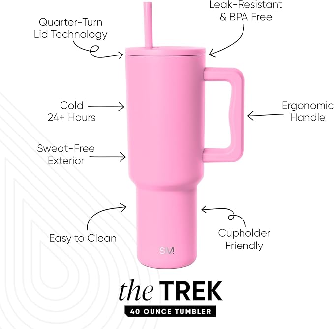 Simple Modern 40 oz Trek Tumbler with Handle and Straw Lid | Cup Holder Friendly Insulated Stainless Steel Travel Mug | Dragon Fruit