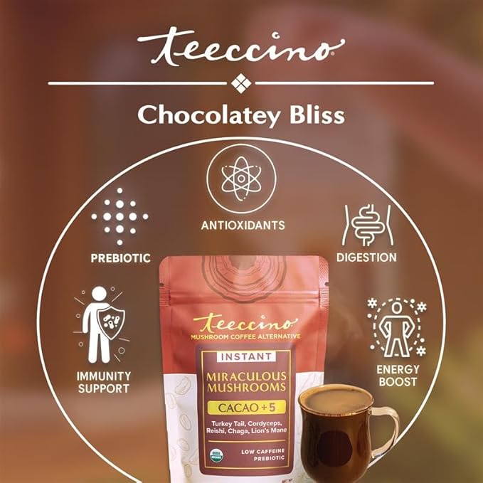 Miraculous Mushrooms Instant Cacao+5 Coffee Alternative by Teeccino – 15 servings - 5 Organic Adaptogenic Mushrooms with Cacao - Reishi, Lion’s Mane, Chaga, Turkey Tail, Cordyceps - Caffeine Free, Prebiotic - 4.7 ounces