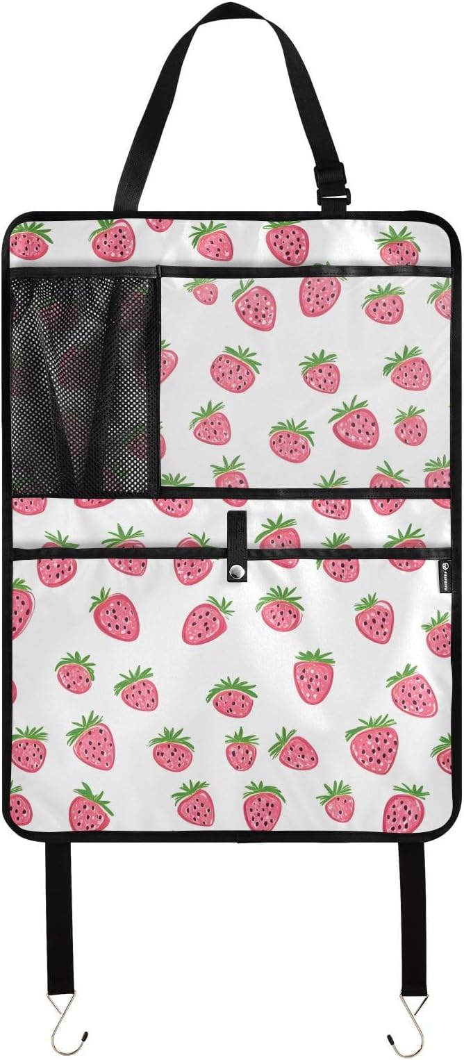 JIPONI Car Backseat Organizer, Small Strawberrys Automotive Back Seat Protector, Kick Mats with Storage Pockets for Kids Pets, Road Trip Accessories
