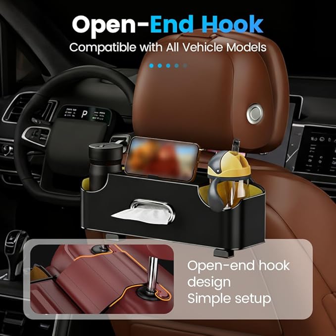 Car Backseat Organizer 3-in-1 Multifunctional Car Back Seat Storage Box with Drink Cup Holder Tissue Box Trash Bin & Hooks, Back Seat Car Organizer for Hold Phones,Drinks, and Handbags (White)