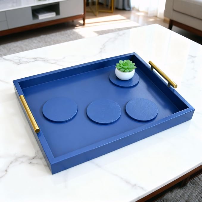 Serving Tray 16.5“X 13“Deluxe Wooden Ottoman Tray for Coffee Table with Polished Goldr Metal Handles and 4 Coasters, Living Room Bathroom Coffee Bar Organizer Modern Decorative Blue