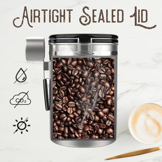 Coffee Grounds and Beans Container Canister with Date Tracker, CO2-Release Valve and Measuring Scoop - Made of Stainless Steel with Airtight Lids - Large, 22oz, Black w/Wood Print Lid