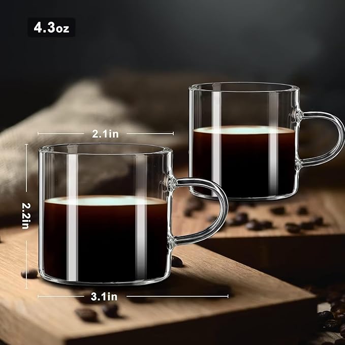 PARACITY Espresso Cups Set of 2, Espresso Shot Glass 4.3 OZ, Glass Expresso Shots Cup Small Coffee Cup with Handle, Espresso Accessories