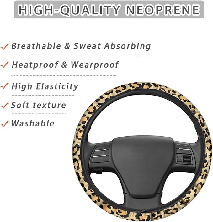 Universal Non-Slip Steering Wheel Cover, 15-inch Polyester Material Driving Accessories, Adjustable for Car and Truck(Retro Yellow Leopard Print)