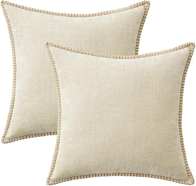 MIULEE Pack of 2 Pillow Covers 20x20 Inch Cream White Farmhouse Decorative Throw Pillow Covers with Stitched Edge Soft Chenille Solid Dyed Couch Pillow Covers for Sofa Bed Living Room