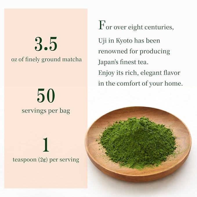 JEAU CHAU Premium Uji Matcha Powder from Kyoto, Japan (3.5oz/100g. 50 servings per bag) Vivid Green Ceremonial Quality Taste, for Lattes & Baking