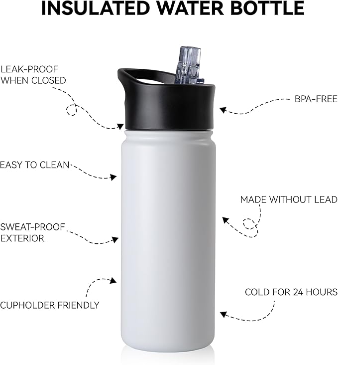 16 oz Insulated Water Bottle Bulk 8 Pack, Straw & Spout Lid, Keep Cold 24H, Spill Proof, BPA-Free, Double Wall, Stainless Steel Kids Water Bottles for School, Sports, White