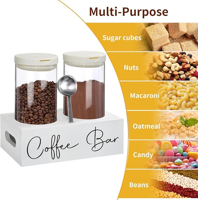 Glass Coffee Containers with Shelf & Scoop, 2 Pcs 48OZ Coffee Storage Jars with Airtight Lid for Coffee Beans, Coffee Powder, Nuts, Snack, Sugar, Tea,White