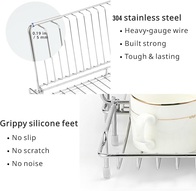 Foldable Dish Drying Rack, Small Dish Drying Rack for Narrow Kitchen Counter, Compact Dishes Drying Rack with Grey Drying Mat - Collapsible, Stainless Steel, Silver