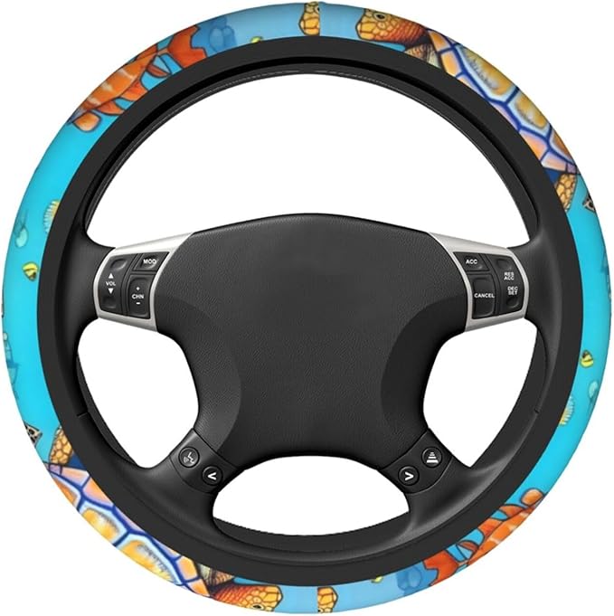 Turtle and Fish Steering Wheel Cover. Car Decor,Anti-Slip,Sweat Absorption,Easy Carry, Universal 15 Inch, 11103