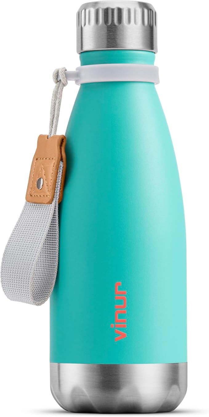 VINUR Kids Water Bottle-12 oz Stainless Steel Double Wall Vacuum Insulated Water Bottle for School-Cola Shape Flask with Carry Rope(Teal)