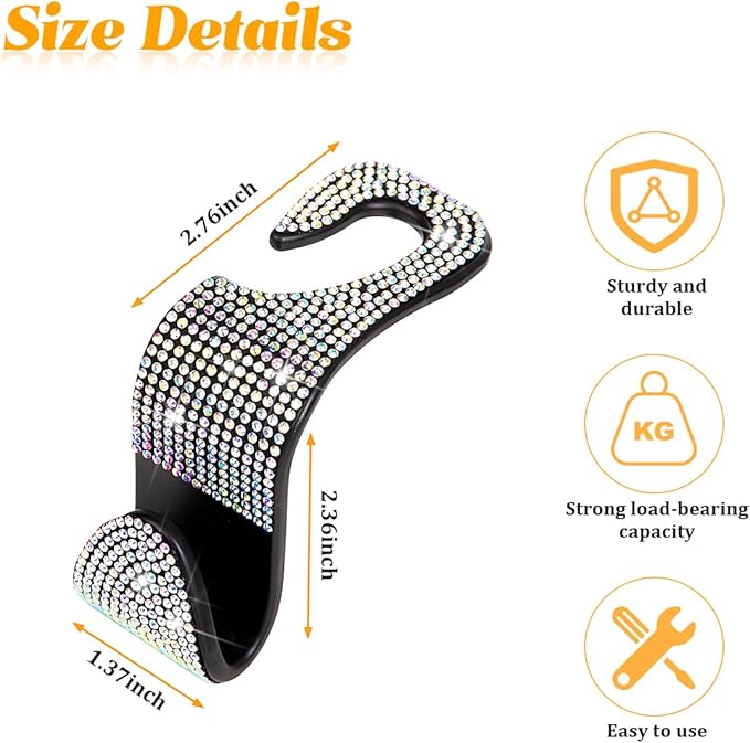 HZEL Bling Car Seat Headrest Hooks, 4PCS Crystal Rhinestone Vehicle Seat Back Hanger Holder for Purses Bag Handbags, Diamond Headrest Storage Organizer, Universal Auto Accessories (AB White)