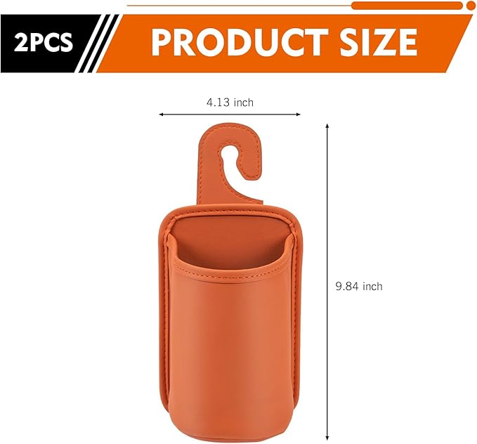 2PCS Car Headrest Cup Holder for Back Seat, PU Leather Premium Storage Accessory, Multi-Functional Anti-Spill Cup Storage Box with Hooks for Bags, Universal for Most Cars (Orange)