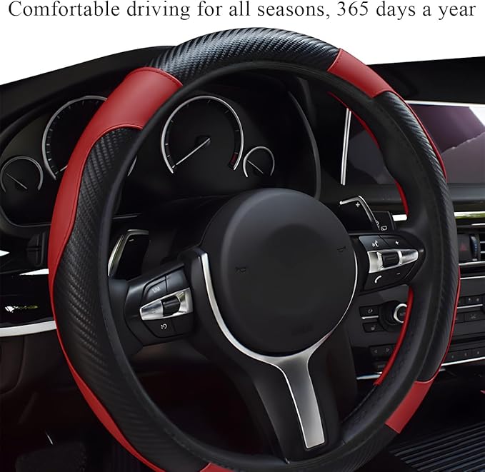 Elastic Steering Wheel Cover - Microfiber Leather Carbon Fiber Protector, Anti-Slip Lining, Wine Red