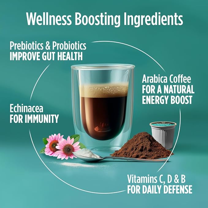 VitaCup Immunity Coffee Pods, Wellness Boost with Antioxidants, Echinacea, Probiotics, Vitamin C & D3, Medium Dark Roast, Single Serve Pod Compatible with Keurig K-Cup Brewers,16 Ct