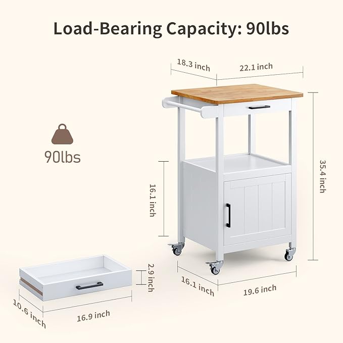 Kitchen Cart with Drawer, Small Kitchen Island on Wheels, Microwave Cart, Small Home Coffee Bar, Microwave Stand, Rolling Kitchen Island Cart with Side Hook, White