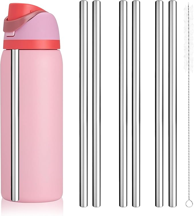 Replacement Straw Compatible With Owala Water Bottle 24 oz 32 oz, 6PCS Reusable Stainless Steel Straws for Owala Water Bottle，Metal Straws with 1 Cleaner Brush