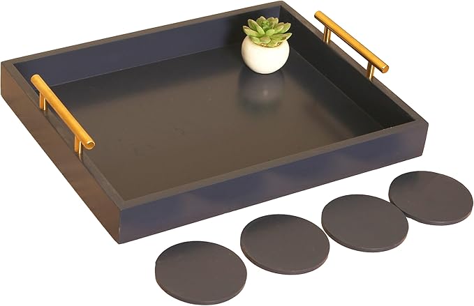 Decorative Tray with Polished Silver Metal Handles, Living Room Bathroom Coffee Bar Organizer Modern Tray for Decorative Accent Tray for Storage and Display (Sea Blue)