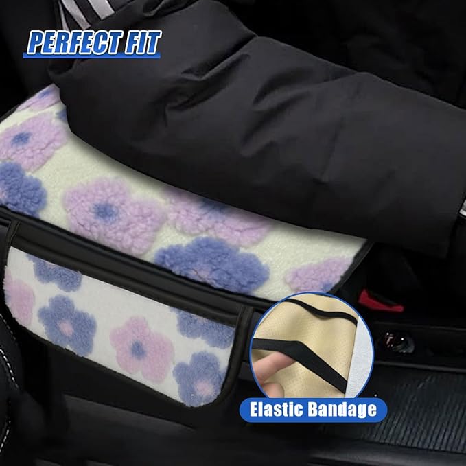 Car Center Console Cover, Soft Fluffy Car Armrest Seat Box Cushion Pad with 2 Storage Bags, Universal Vehicle Interior Protector Accessories for Most Sedans, SUVs, Trucks (Purple)