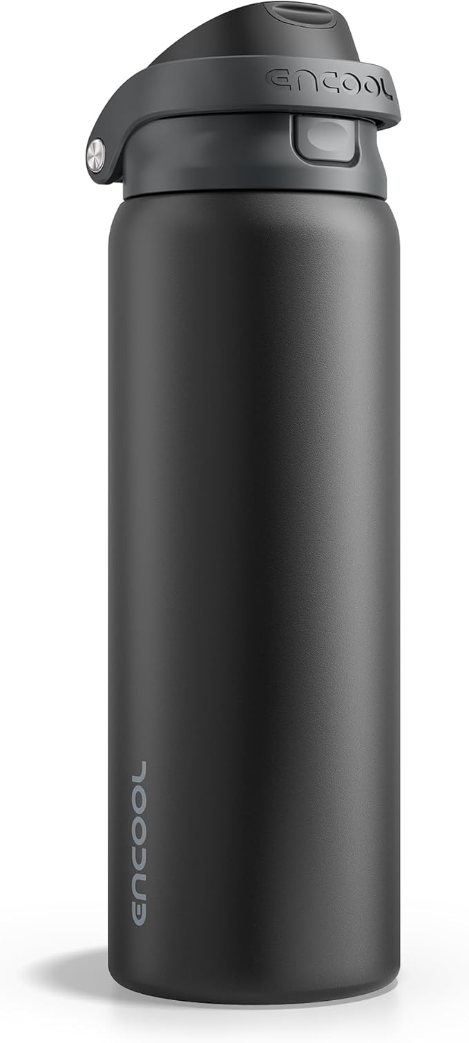 ENCOOL Leakproof Insulated Water Bottle with Straw Dual-Sip Water Bottle Bag-Safe Design for Work, Commute & Gym – Keeps Drinks Cold All Day, 24 oz, Jet Black