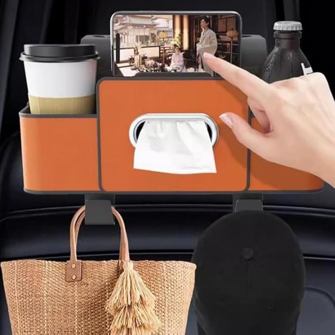 4-in-1 Car Backseat Organizer, Multifunctional Car Seat Back Storage Box with Cup Holder Headrest Hook, Universal Cars Organizer Back Seat for Hold Phone,Snacks, Drinks, Handbag (Brown)