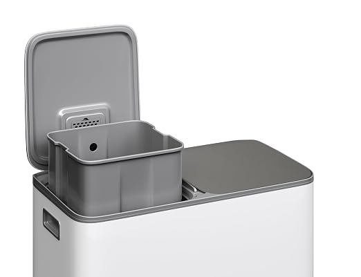 GarveeHome 2 x 10.6 gal Stainless Steel Double Trash Can with Lid for Kitchen, Large Dual Trash and Recycle Bin Combo, Step-on Kitchen Metal Garbage Cans, PP Inner Buckets, Liner Rim, Grayish-White