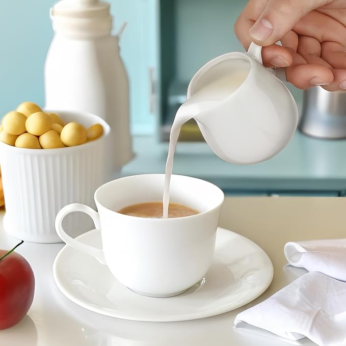 Classic White Ceramic Creamer Pitcher Set of 2 – 4 oz, Handle, Microwave & Freezer Safe (2, 4oz)