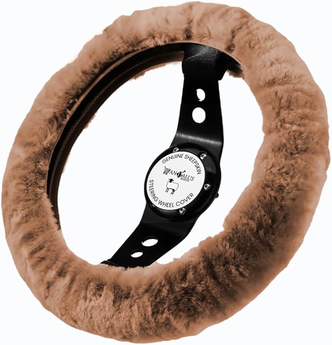 Andalus Brands Luxury Fluffy Car Steering Wheel Covers – Genuine Merino Sheepskin, Soft Fuzzy Car Steering Wheel Cover for Women, Universal 14.5-15" Size, Plush Fur Cute Auto Accessories, Tan