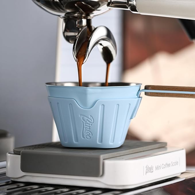 Espresso Shot Cup with Dual Spout - Espresso Measuring Cup with Wood Handle and Anti-Scald Cover, Stainless Steel Espresso Pouring Cup for Home & Cafe Use, 90ML/3oz